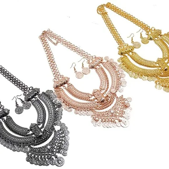 [GOLD] Exotic NEW Statement Bib Cleopatra Coin Necklace+Earring Set - Picture 5 of 8